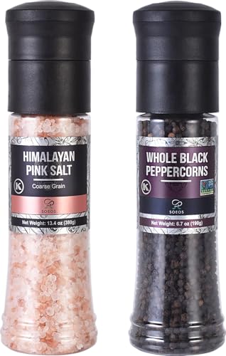 Soeos Whole Black Peppercorns, 6.7oz (190g) and Himalayan Pink Salt, 13.4oz (380g), Plastic Bottle Grinder with Spice Grinder with Salt and Pepper Shaker, Salt and Pepper Set.