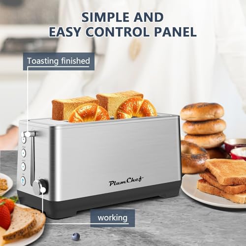 Image of Plum chef 4-Slice Toaster, Extra Wide Long SIot Toaster, 6 Browning Settings, Bagel /Defrost /Reheat Functions, Removable Crumb Tray (Stainless Steel)