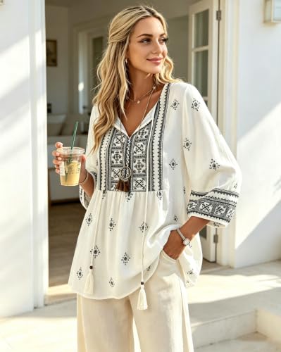 Image of Vivilli Womens Summer Boho Babydoll Tops 3 /4 Sleeve Pleated Peplum Blouses Casual V Neck Tie Front 2026 Tunic Tops