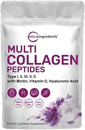 Multi Collagen Protein Powder, 2 Pounds - Type I,II,III,V,X with Biotin, Hyaluronic Acid, Vitamin C - Unflavored Collagen Peptides Powder- Keto & Paleo Friendly, Easy Dissolve, Non-GMO, Gluten Free