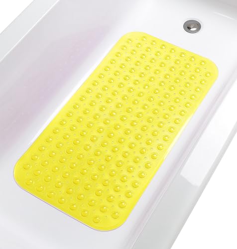 Tike Smart Large Non-Slip Bathtub & Shower Mat 31”x16” (Smooth/Non-Textured Tubs Only) Safe, Clean, Machine-Washable, Superior Grip&Drainage, Vinyl, Transparent Light Yellow