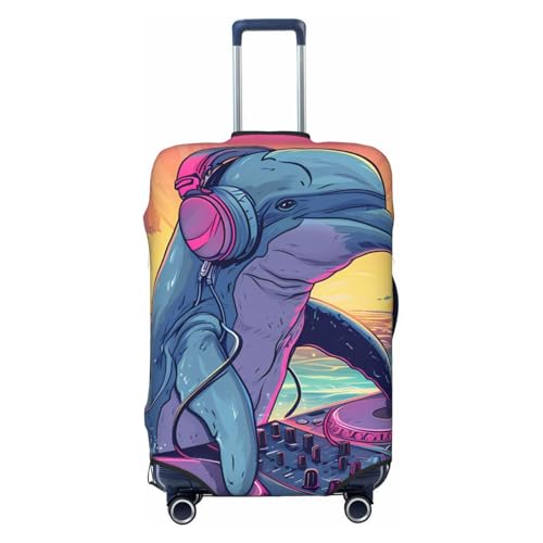 Hip-Hop Dj Dolphin Print Luggage Cover For Suitcase,Washable Elastic Travel Suitcase Protector With Zipper Closure And Bottom Buckle – Fits 18-32