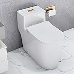 WinZo ML80W-G Elongated Dual Flush One Piece Toilet Low Profile 17.25" Comfortable Chair Height with Soft Closing Seat White With Golden Button