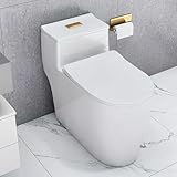 WinZo ML80W-G Elongated Dual Flush One Piece Toilet Low Profile 17.25" Comfortable Chair Height with Soft Closing Seat White With Golden Button