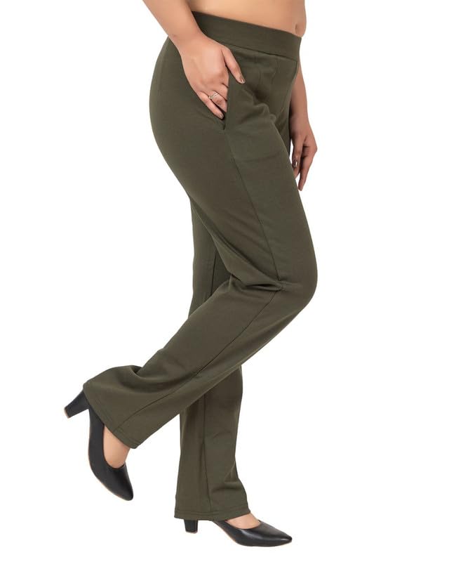 Image of Mlada Straight Fit Cigarette Pencil Pants Elastic Waist Band Mid High Waist Formal Office Trousers for Women, Pockets for Travel Stretch Cotton Knit Full Length Regular /Plus Size