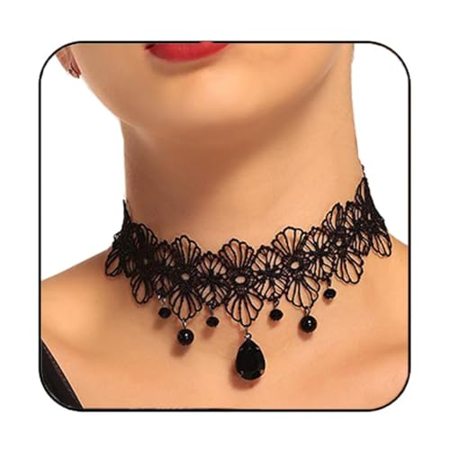 Handcess Black Lace Choker Necklace Crystal Beads Pendant Necklaces Gothic Hollow Flower Choker Jewelry Accessories for Women