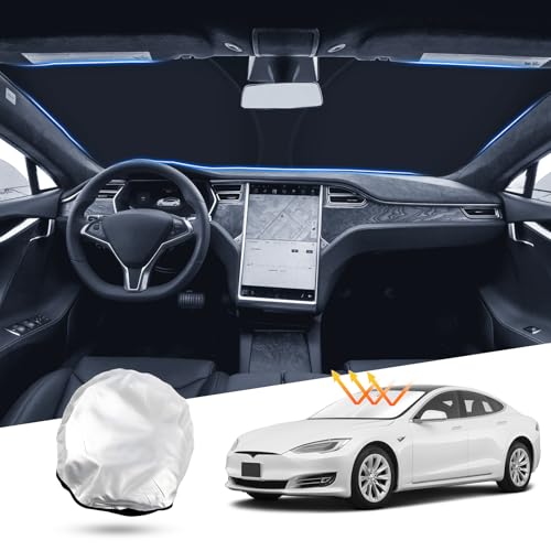 Image of T TGBROS Windshield Sun Shade Custom Fit for 2012-2023 2024 2025 Tesla Model S Accessories Foldable Sun Shield Reflective Polyester Sun Visor Cover Block Heat and Sun Protection