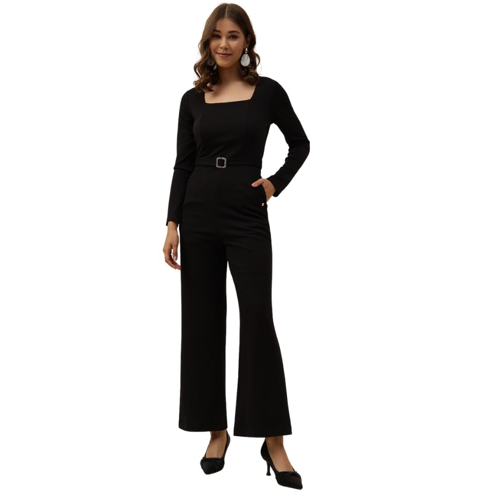 beatnik Women’s Black Long Sleeve Belted Jumpsuit – Elegant Party & Casual One-Piece Outfit-picture-22