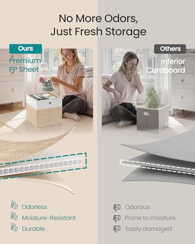 SONGMICS Storage Cubes, Set of 6 Foldable Fabric Storage Boxes, Cube Organizer Boxes with Handles, for Closet Shelves, Odorless, 13 x 13 x 13 Inches, Cloud White and Sand Beige URFB433LF02