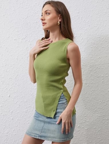 Ythomm Womens Asymmetrical Side-Button Slit Tank Tops Sleeveless Boat Neck Ribbed Knit Sweater Vest Solid Slim Going Out Tops4
