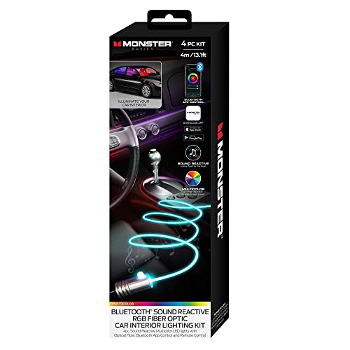 Image of Monster Bluetooth Sound Reactive RGB Fiber Optic Car Interior Lighting Kit, Use Remote /Downloadable App to Customize, Sound-Reactive Mode, Easy Installation, 13ft Cable /12V Adapter Included, 4-Pack