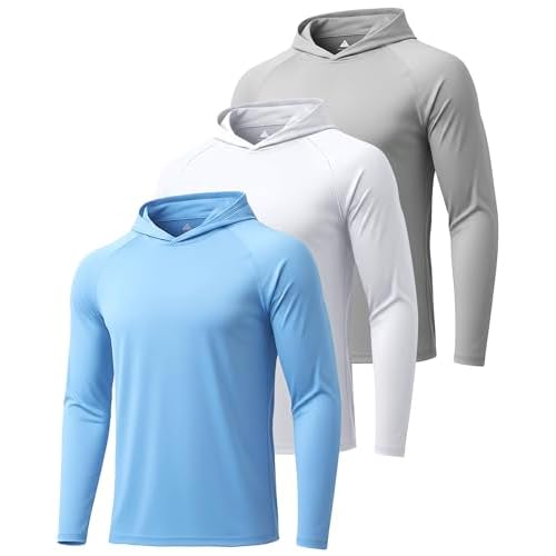 ZITY 3 Pack Men's Sun Protection Hoodie Shirt Fishing Shirts for Men UPF 50+ Long Sleeve Shirt Lightweight Rash Guard 3 Pack-light Grey / Light Blue / White Large