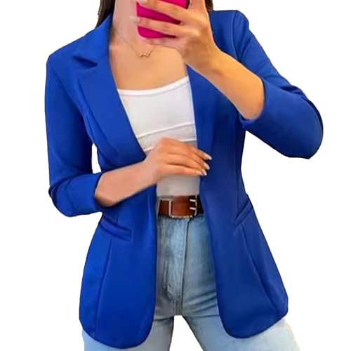 Women's Royal Blue Single Button Blazer - 3/4 Sleeve Notch Lapel Jacket with Dual Pockets (Blue,Medium)