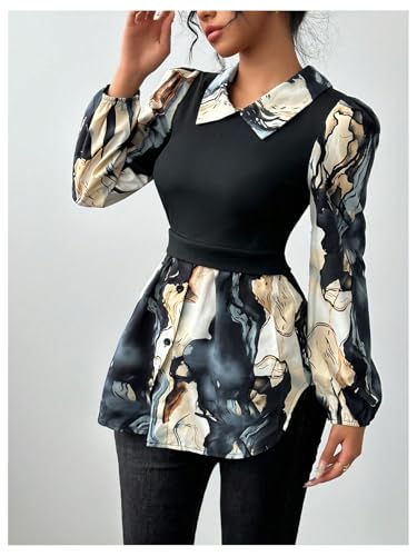 GORGLITTER Women's Long Sleeve Peplum Tops Blouse Dressy Casual Button Down Collared Shirts Fall Teacher Baby Doll Tops3