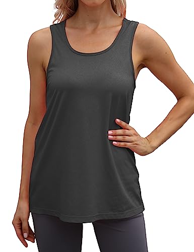 Cakulo Womens Workout Athletic Tank Tops Loose Gym Yoga Racerback Sleeveless Running Sports Shirts Tops Dark Heather Grey L