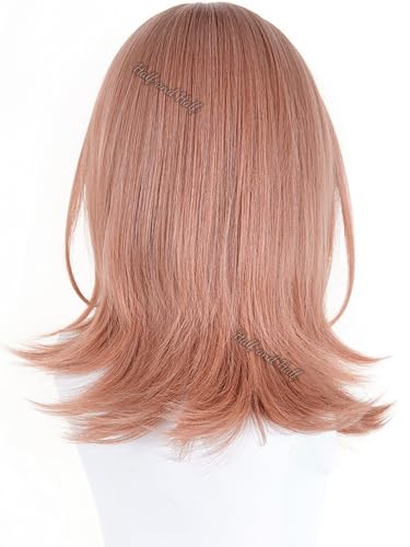 Image of Half and Half Orange Pink Anime Wig for Hanasato Minori Cosplay Shoulder Lenth Deep Rose Blonde Game Wig with Side Part Bangs for Women Halloween Party Daily