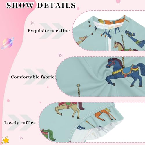 Carousel Horses on Blue Girls Rash Guard Swimsuits Long Sleeve One Pieces Bathing Suit UPF 50+ Zipper Swimwear4