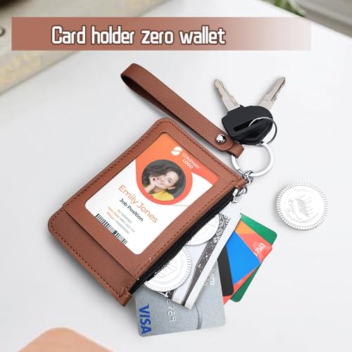 Slim Minimalist Front Pocket Wallet, PU Leather Credit Card Holder with Zipper, Keychain Wallet for Men & Women (Brown)4