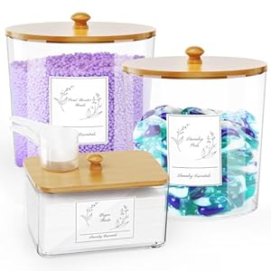 COAZEX 3 Pack Laundry Powder Container & Dryer Sheet Holder, Giant Plastic Laundry Room Group and Storage Jars with Lids, Labels & Scoops for Powder, Detergent, Scent Booster