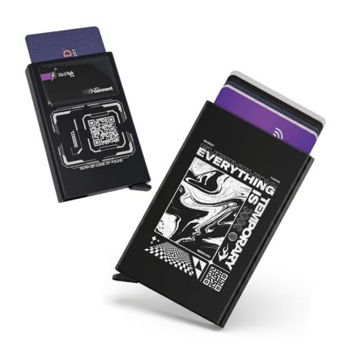 Image of Zip-Tap NFC Digital Contact Sharing Wallet Black Metal Laser Engraved Cyberpunk Design with Software RFID Blocking Aluminum Minimalist Card Holder (Disort)