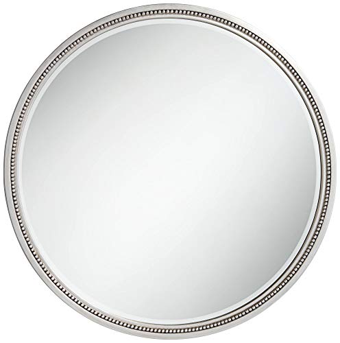Noble Park Lorraine Modern Round Vanity Decorative Wall Mirror Silver Beaded Trim Surrounded Wood Finish Frame Beveled Glass 32 3/4" Wide For Bathroom Bedroom Living Room Home Office #TOP1