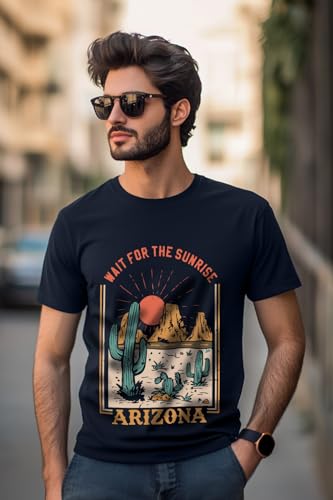 Image of Veirdo Regular Fit Half Sleeves Round Neck Arizona Typographic Printed Pure Cotton T-Shirt for Men (Colors: Green & Navy)
