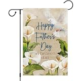 Heyfibro Bandera de jardín con texto en inglés 'Happy Father's Day in Heaven Day' de 12 x 18 pulgadas, arpillera de doble cara, flor de lirio, amor, papá, paloma, pancarta conmemorativa para papá
