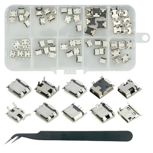 MTDELE 60Pcs 10Types Micro USB Port Female Sockets Connector Kit 5 Pin Jack Socket Connector USB Soldering Repair Replacement Adapte