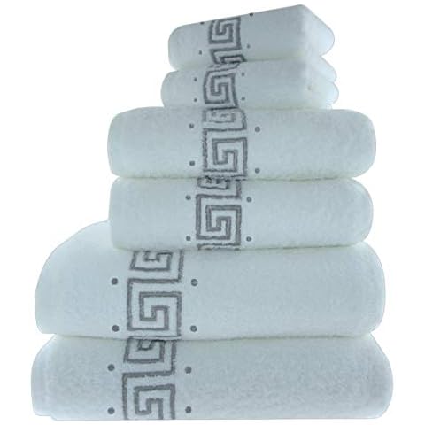 QCS Elegant Embroidery 100% Cotton Greek Key Embroidered Bath Towel 3 Piece Gift Bale Set 600 GSM 1 Bath Towels, 1 Hand Towels and 1 Guest Towels Personalised Embroidered Set Cover