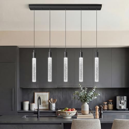Image of Kitchen Island Lighting Modern Light Fixture Black Pendant Light Dimmable LED Black Finish Mini Crystal Pendant Lights for Dining Room Living Room(5-Light)