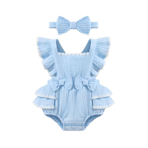 Image of Megeoly Baby Girl Summer Clothes Ruffle Sleeve Cotton Linen Romper Dress Infant Girls Lace Trim Bodysuit with Headband
