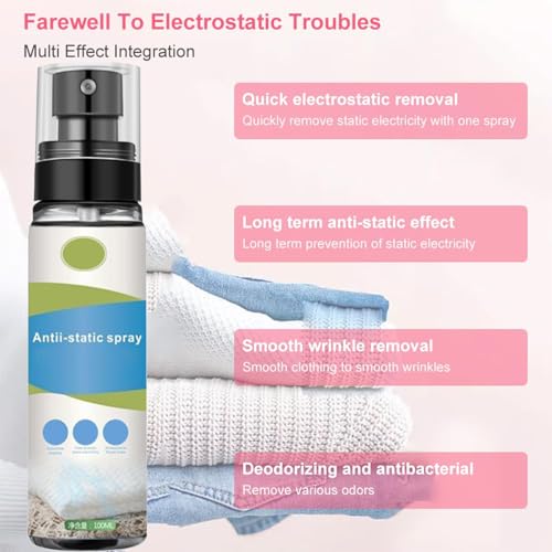 Antistatik Spray,Spray Antistatisch,100 ml Anti Static Spray,Antistatikspray,Statikspray für Kleidung,für Kleidung,Textilien,Möbel und Auto,Reduziert Statische Aufladung