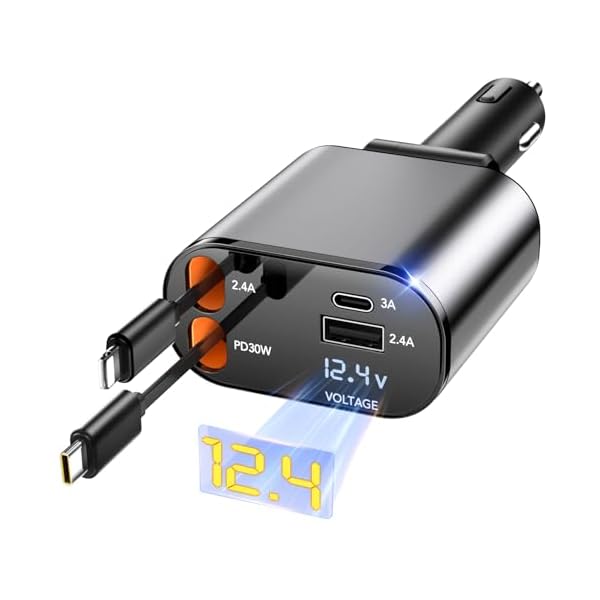 Retractable Car Charger, 4 in 1 Fast Car Phone Charger 66W, 2 Retractable Cables and USB Car Charger, Compatible with iPhone 16/15/14/13/12/11,Galaxy,Pixel