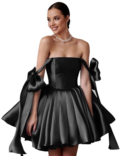 Satin Short Homecoming Dresses Pleated Off The Shoulder Puffy Mini Dresses Sequins Backless Cocktail Dress