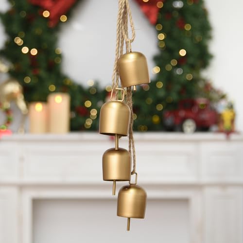 Gold Christmas Bells for Decorations: Vintage Bells Metal Decorative Bells with Jute Hanging Rope - Rustic Bells Small Cow Bell for Christmas Wreath Garland Tree Party Door Wedding Staircase