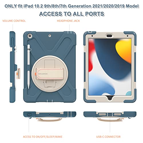 Braecn Ipad 9Th Generation Case, Three Layer Shockproof Cover With Screen Protector, Hand Strap, Kickstand, Shoulder Strap, Pencil Holder, Pencil Cap Holder For Apple Ipad 10.2”8Th/7Th-Cornflower Blue #TOP5