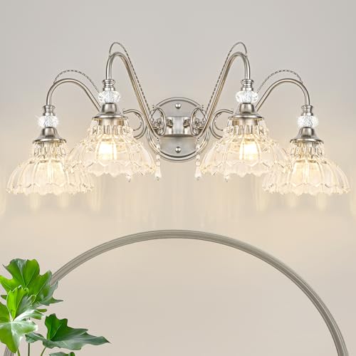 Image of Brushed Nickel Bathroom Vanity Light, 4-Light Nickel Finish Wall Sconce with Hanging Crystal Accents and Flower-Shaped Clear Glass Shades, Modern Wall Mount Vanity Light Over Mirror for Bathroom