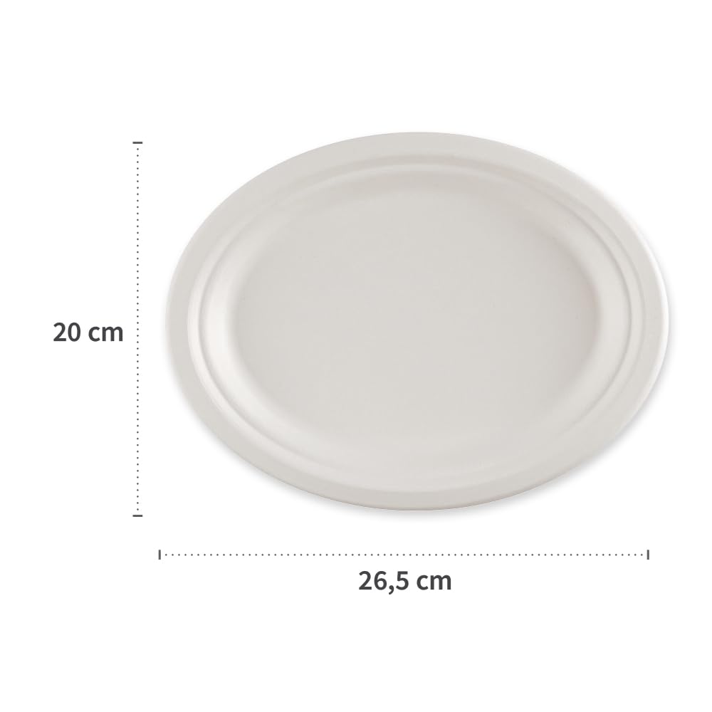 FRANZ MENSCH 500 Stück NATUREStar Teller, oval | Zuckerrohr, weiß, L: 26, 5 cm, B: 20 cm, Karton, Einwegteller, Zuckerrohrteller, Einmalteller