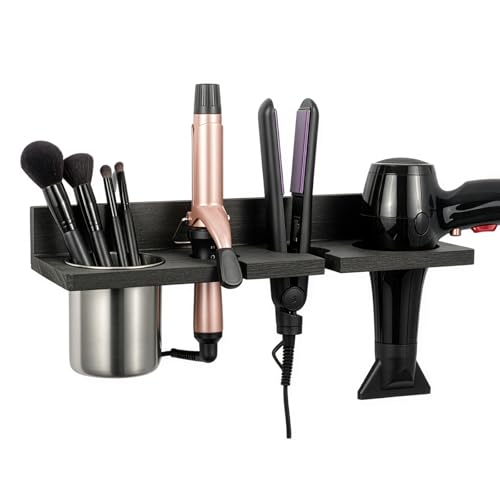GREENSAPPIRE Wall-Mounted Hair Dryer Holder – Metal Aluminum Storage Station with Cable Organizer & Heat-Resistant Spiral Rack for Hair Straighteners and Styling Tools (Black)