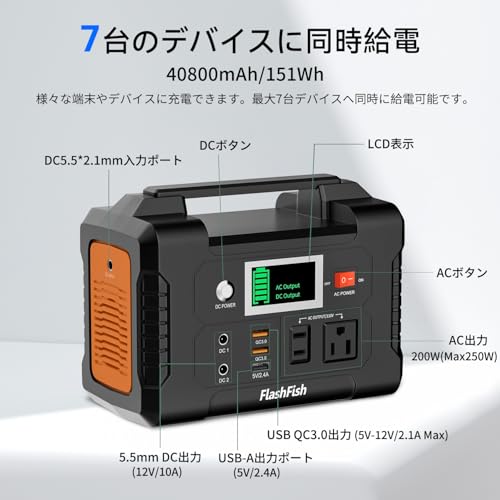 FlashFish ポータブル電源 ソーラーパネル セット 40800mAh/151Wh 家庭用蓄電池 ポータブルバッテリー 大容量 小型 コンパクト 60Wソーラーチャージャー付き AC(200W 瞬間最大250W)/DC(120W)/USB出力 急速充電 純正弦波 ソーラー発電機 IP65防水 太陽光発電 キャンプ 車中泊 地震 台風 防災グッズや停電にも安心