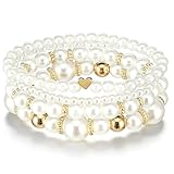 4Pcs Pearl Bracelets for Women Simulated Pearl Beaded Bracelet Set Stackable Pearls Bracelet Stack Multilayered White and Gold Stretch Bead Ball Bracelets Jewelry Gifts for Women Bridal Party Jewelry