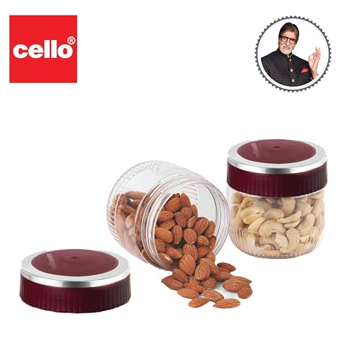 Image of CELLO Mint Storage Canister For Kitchen Set of 2, (500 ml x 2), Maroon | Food Grade, Stackable, See Through |Nestable Storage Pet Container with Lid for Food, Pulses, Spice, Cereals, Cookies,Dry Food