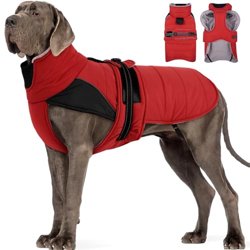 MIGOHI Thermal Large Dog Fleece Jacket - Rainproof Coat for Large Dogs, Thick Dog Winter Coat,Snow Jacket for Dogs Windproof for Hunting Camping,Windy Chilly Days,Doberman,Great Dane,3XL,RedBlack
