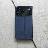 Porter Riley Skórzane etui kompatybilne z iPhone 17 Pro. Stojak z prawdziwej skóry, etui z klapką z przegródkami na karty i poziomą podstawką (granatowe i jasnobrązowe)