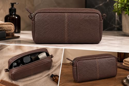Image of Calfnero Genuine Leather Toiletry Bag for Men & Women | Premium Leather Travel-Pouch | Toiletry Organizer | Cosmetic & Shaving Kit Bag | Unisex Travel Dopp Kit (Brown)