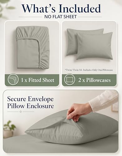 Image of LANE LINEN 100% Organic Cotton Twin Fitted Sheets, 2-Piece Set (1 Fitted Sheet, 1 Pillowcase), Percale Weave, Lightweight, Ultra Soft, Breathable, Fits Mattress Upto 15 inch Deep - Silver (No Flat Sheet)