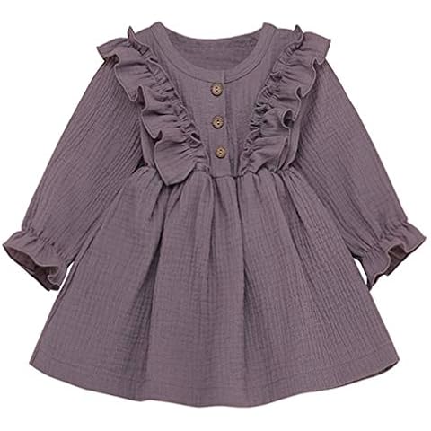 Tianhaik 1-5T Toddler Baby Girl Ruffle Dress Princess Long Sleeve Cotton Linen Skirt Outfit (Light Purple, 2-3T) Cover