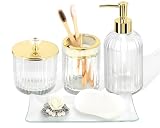 Designer Clear Glass Bathroom Accessories Sets - 4 Pcs with Lotion Soap Dispenser, Bathroom Toothbrush Holder, Vanity Tray, and Apothecary Jar, Vintage Bathroom Decor, Gift Countertop Organizer