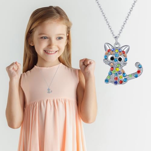 Image of SANNIDHI Cat Necklace for Girls Women Kids with Alloy Kitty Pendant Adjustable 18+2.4 Inch Chain Rhinestone Cat Charm Jewellery Gift for Girls, Women