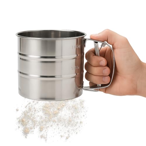 Tamizador de harina, Tamiz Harina, Tamiz Harinero, Colador de harina, Criba de harina, Tamiz de repostería, Diámetro 10.5 cm, Altura 9.5 cm, Capacidad 250 gr, acero inoxidable